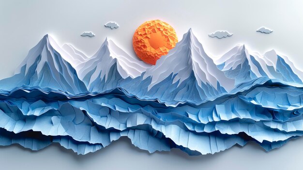 Paper mountain landscape blue mountains and sun made of paper