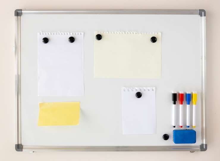 Photo paper notes attached to the white magnetic board with magnets.