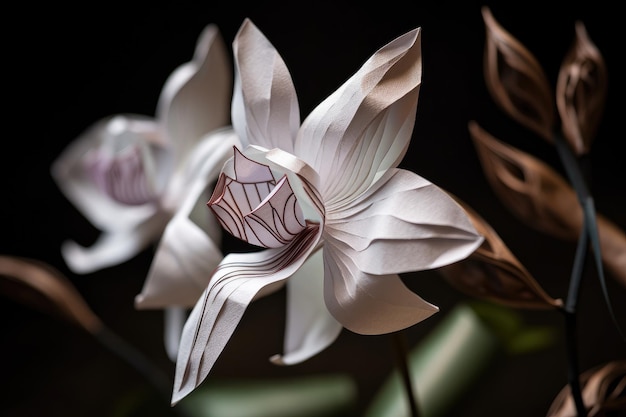 Paper orchid with delicate and intricate folds creating blooming effect created with generative ai