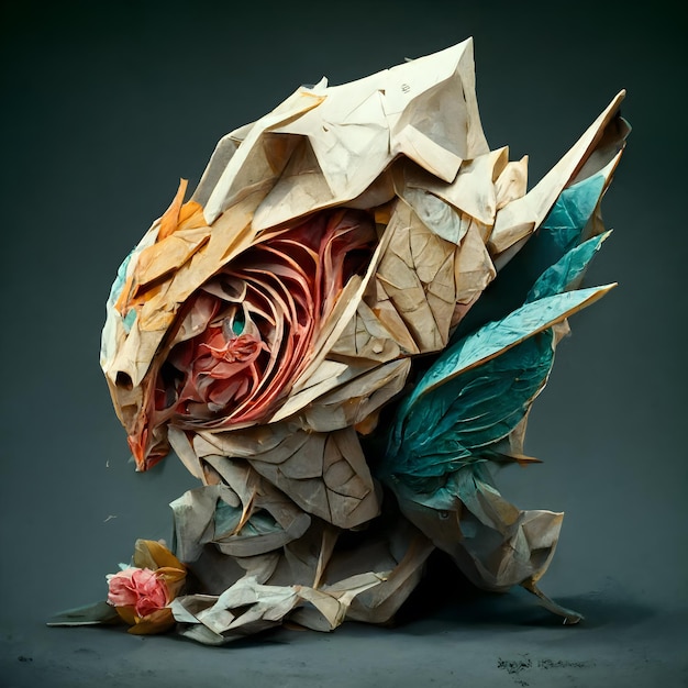 Paper origami bird with wings and flowers on a dark background