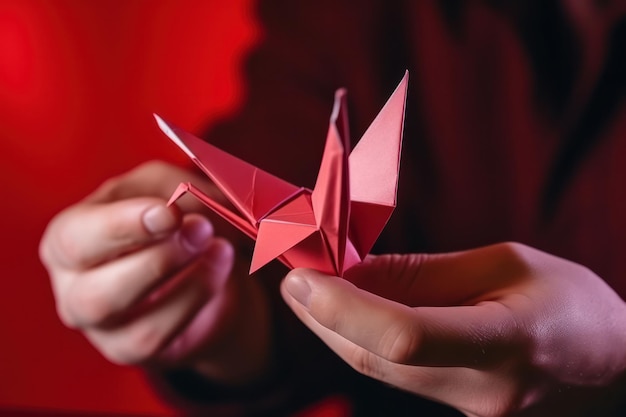 Фото Бумажный журавль оригами красивый ручной японский символ надежды и лидерства, держащийся в руках женщины