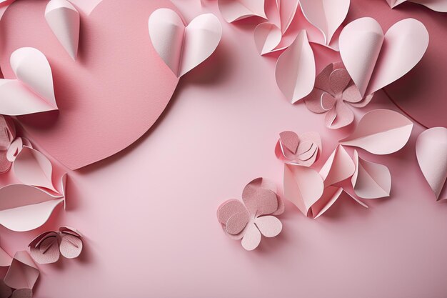 Paper origami flowers on pink background Valentines day concept Valentines Day Background with Pink Paper Craft Love AI Generated