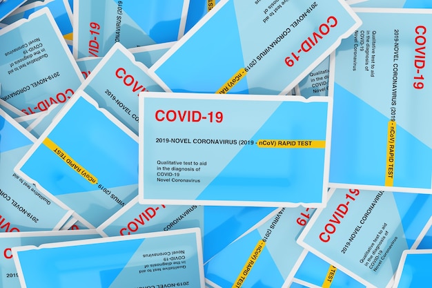 Paper Packages Heap of Rapid Test Device for Viral Disease Novel Coronavirus COVID-19 2019 n-CoV Background extreme closeup. 3d Rendering