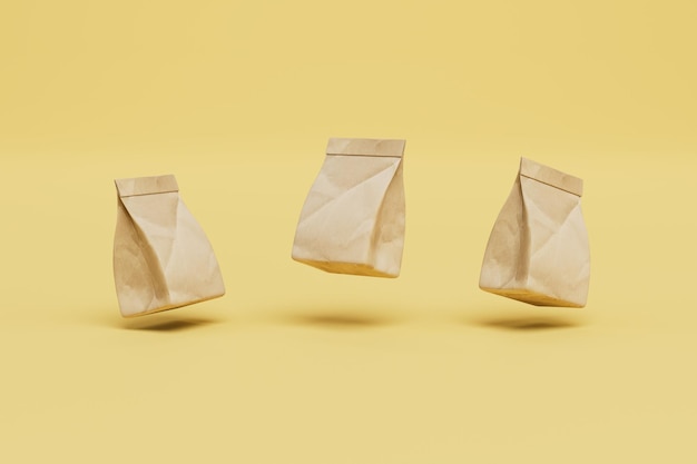 Paper packing bags for fast food delivery on a yellow background 3D render