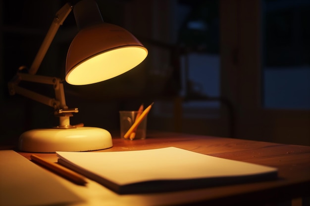 Paper and pencil under a desk lamp at night casting a warm glow