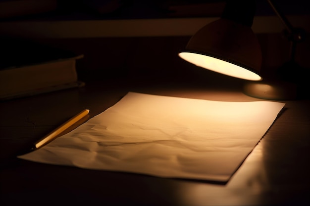 Paper and pencil under a desk lamp at night casting a warm glow
