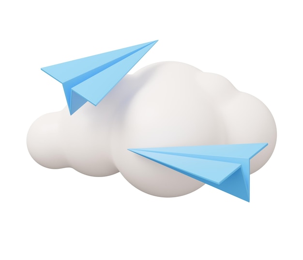 Paper plane cloud 3d illustration Minimal 3d render illustration isolated on white background