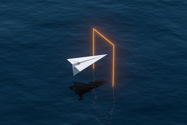 Paper plane fly over the laser door 3d rendering