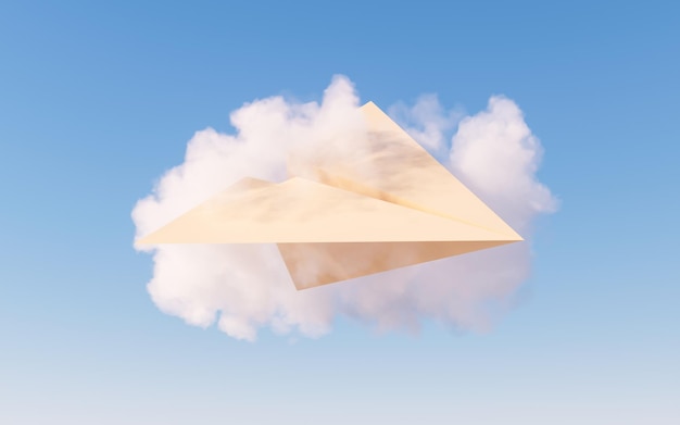 Paper plane and soft cloud 3d rendering