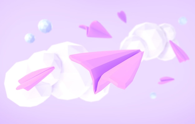 Paper planes in purple sky with clouds 3d render Concept of send email or message in social media business communication leadership vision Flying airplanes cartoon travel banner