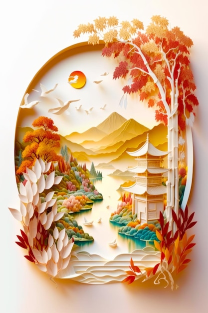 Paper plate with painting of lake and pagoda on it Generative AI