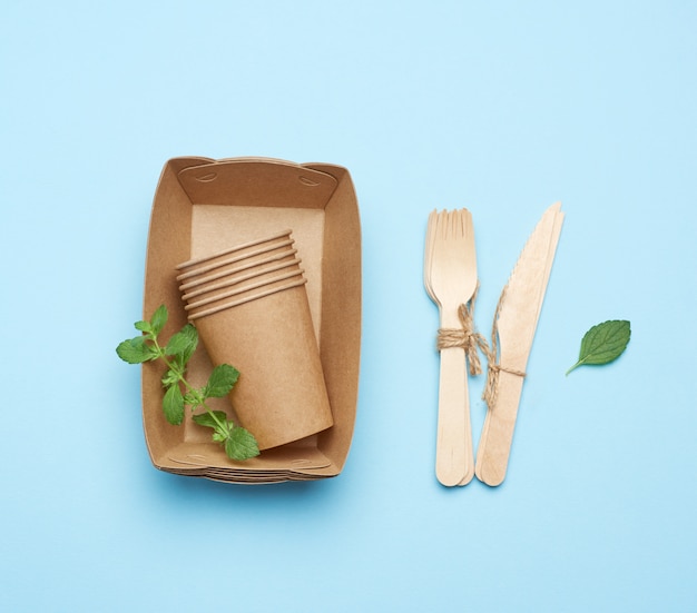 Paper plates and cups from brown craft paper and wooden forks