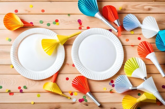 Photo paper plates with colorful confetti on a wooden background.