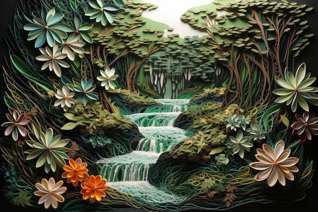 paper quilling of deep forest with waterfall and wild flowers