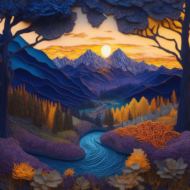 Paper Quilling Fantasy Landscape Inspired by Van Gogh Poster