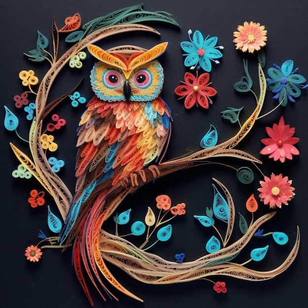 Paper quilling owl sitting on tree background image AI generated art