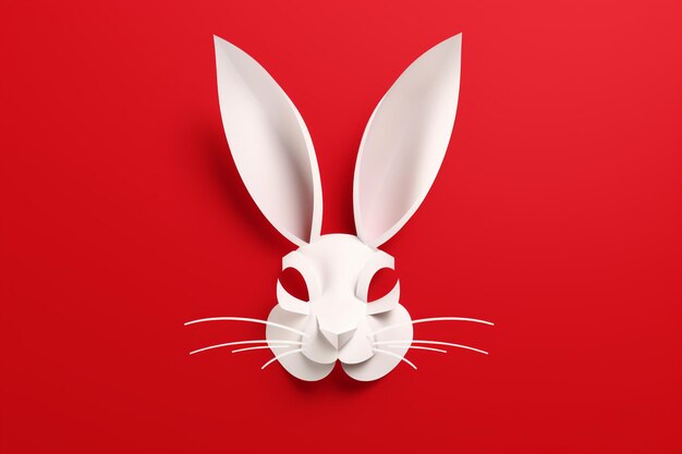 Paper rabbit mask on red background top view festive decoration