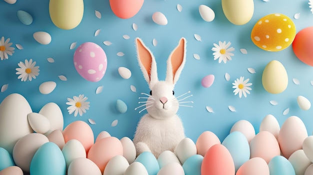 Бумажный кролик, окруженный яйцами, облаками, цветами и воздушными шарами.