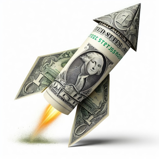 Photo a paper rocket made from a dollar isolated on a white background