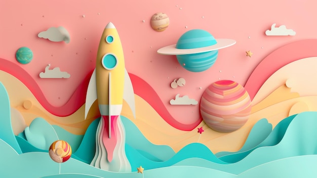 A paper rocket and a solar system on a pastel toned background