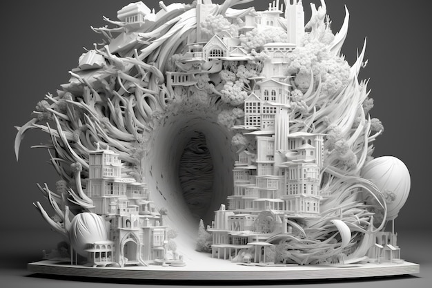 Foto una scultura di carta di un castello circondato da alberi immagine di ia generativa
