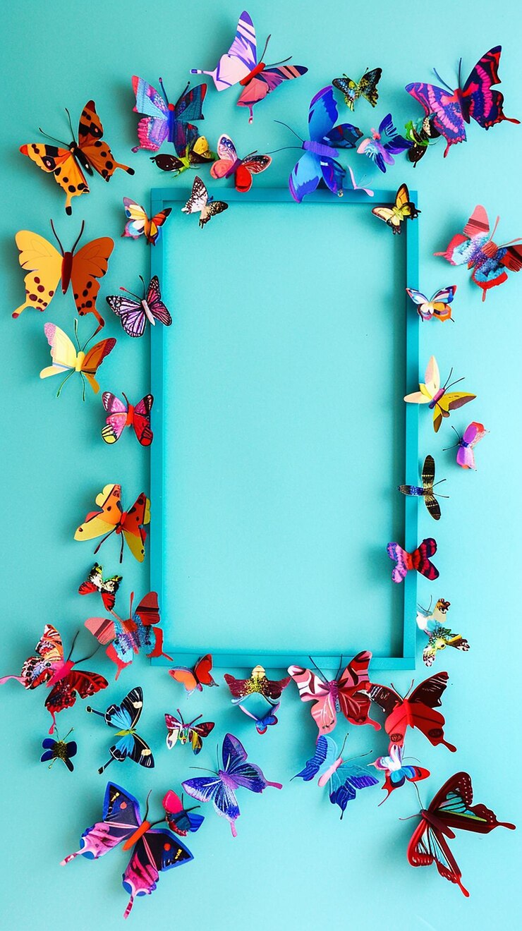 paper sculpture colorful small butterflies in frame for invitation background