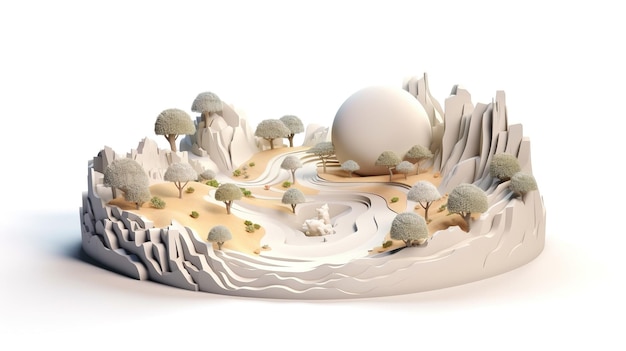 A paper sculpture of a forest with a white sphere in the middle of it.