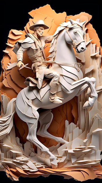 A paper sculpture of a man riding a horse