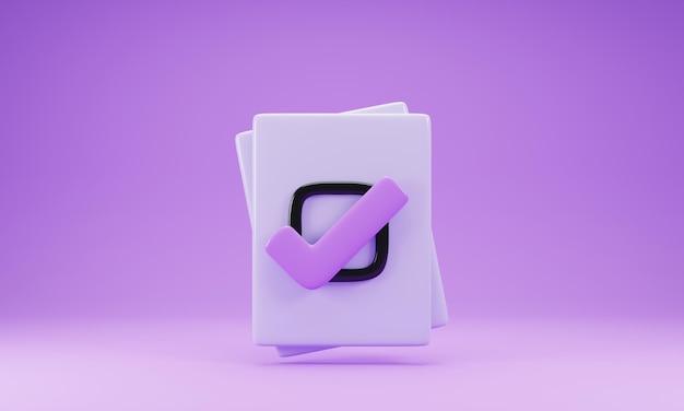 Бумажный лист со значком контрольного списка изолирован на фиолетовом фоне 3d рендеринг иллюстрации