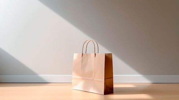 Paper shopping bag on the floor with white wall background Mockup