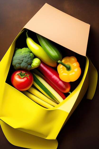 Paper shopping bag with different fresh vegetables isolated on yellow background