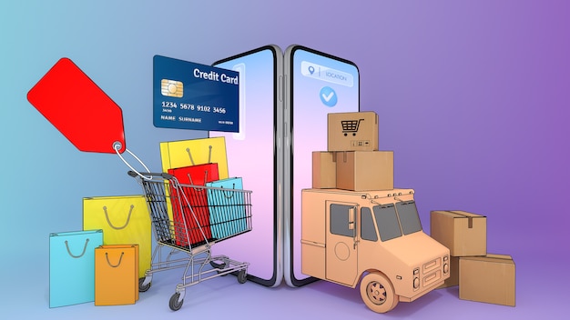 Paper shopping bags and credit card in a cart