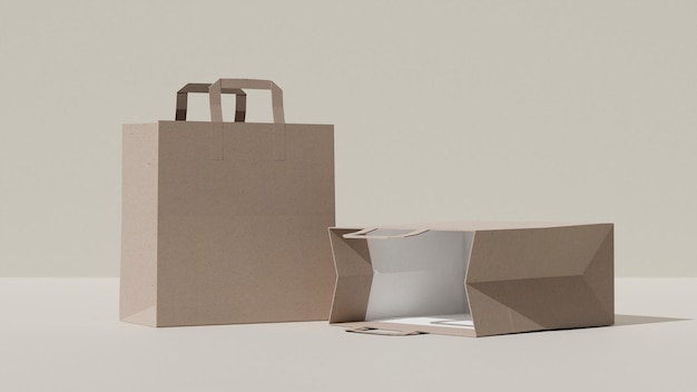 Paper shopping bags mockup brown carton shopping bags cardboard shopping bags material 3d render