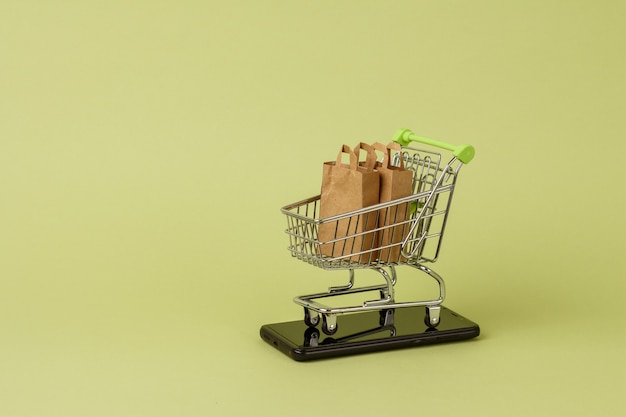 Paper shopping bags with fresh green salad in cart