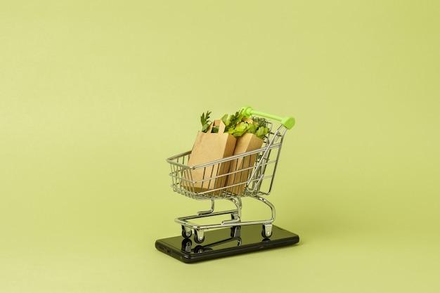 Paper shopping bags with fresh green salad in cart