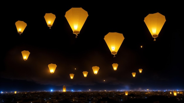 Paper sky lantern flying in the night sky over city for Festival of lights Floating lamp balloons