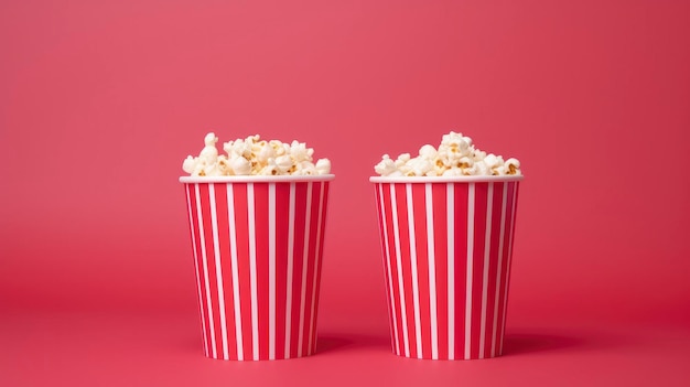 Paper striped bucket with popcorn on red background