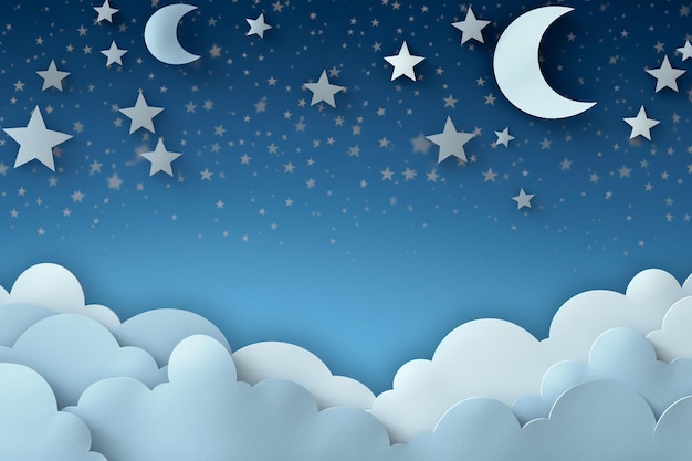 Paper style cloud moon and stars background