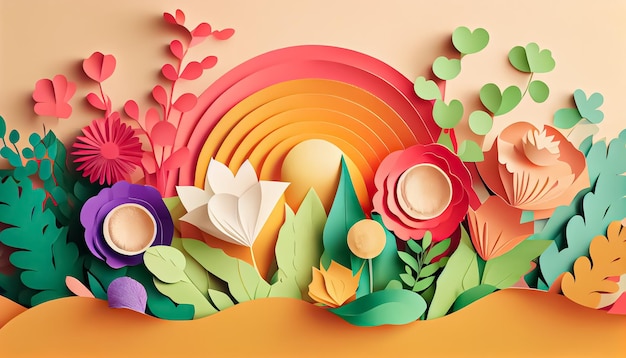 Paper style floral rainbow spring background