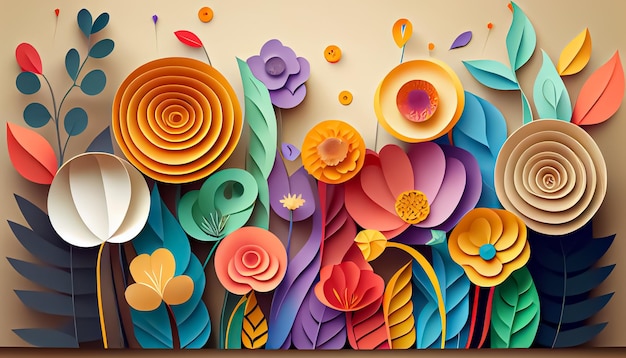 Paper style floral rainbow spring background