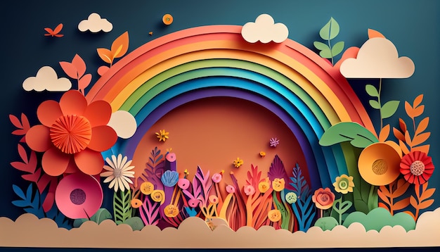 Paper style floral rainbow spring background