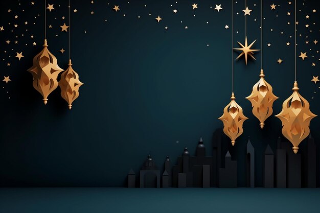 Бумажный стиль исламского нового года с арабским дизайном и фонарями