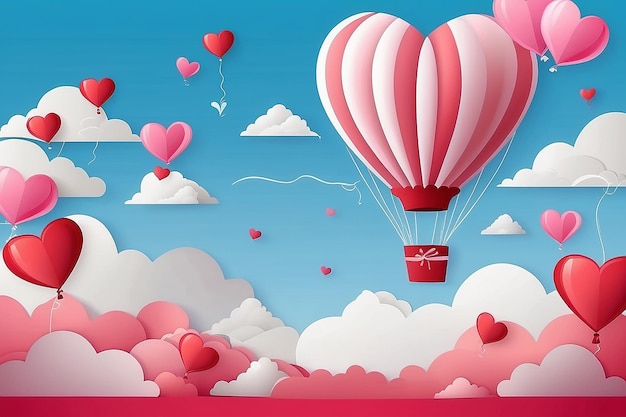 Paper Style love of valentine day balloon flying over cloud and Paper Heart with float on the sky Send love letter with copy space vector illustration background