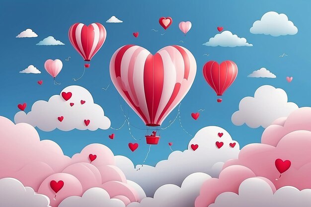 Paper Style love of valentine day balloon flying over cloud with heart float on the sky couple honeymoon vector illustration background