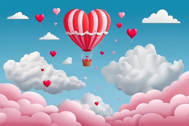 Paper Style love of valentine day balloon flying over cloud with heart float on the sky couple honeymoon vector illustration background