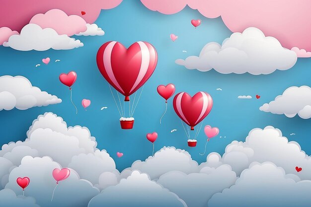 Paper Style love of valentine day balloon flying over cloud with heart float on the sky couple honeymoon vector illustration background