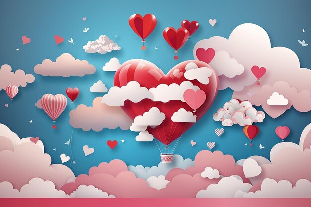 Paper Style love of valentine day balloon flying over cloud with heart float on the sky couple honeymoon