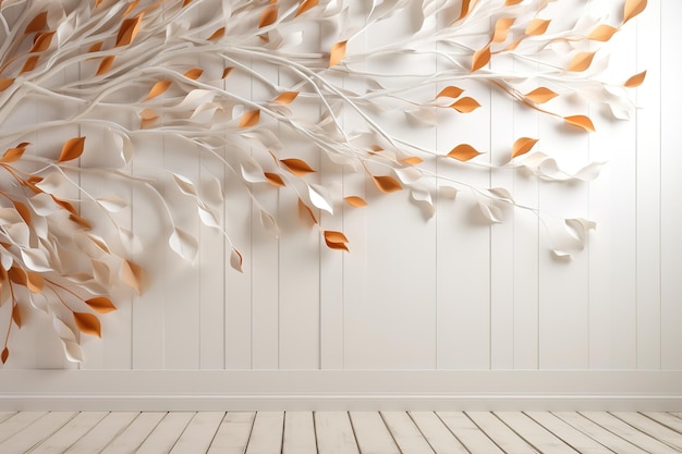 Photo paper tree origami with white and gold orange leaves on a blank wall background minimal interior space for text mockup graceful curved shapes luxury stage design for the product