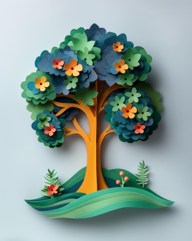Photo a paper tree with green leaves and orange flowers