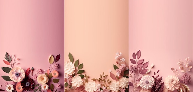 Paper ut flowers on a pink background warm color palette composition